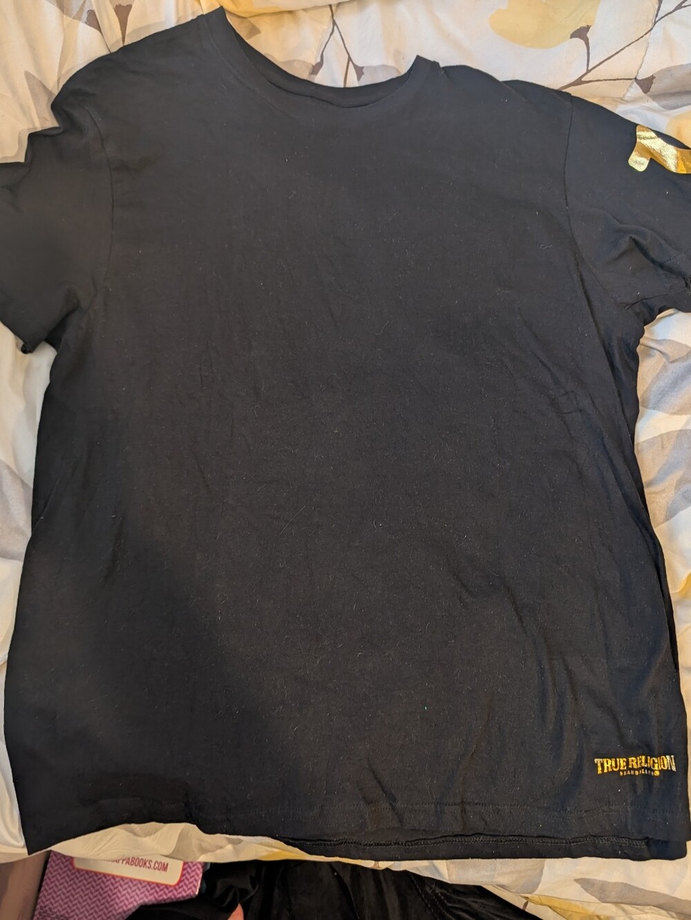 True Religion Black Tee with Gold Logo and Sleeve Accent